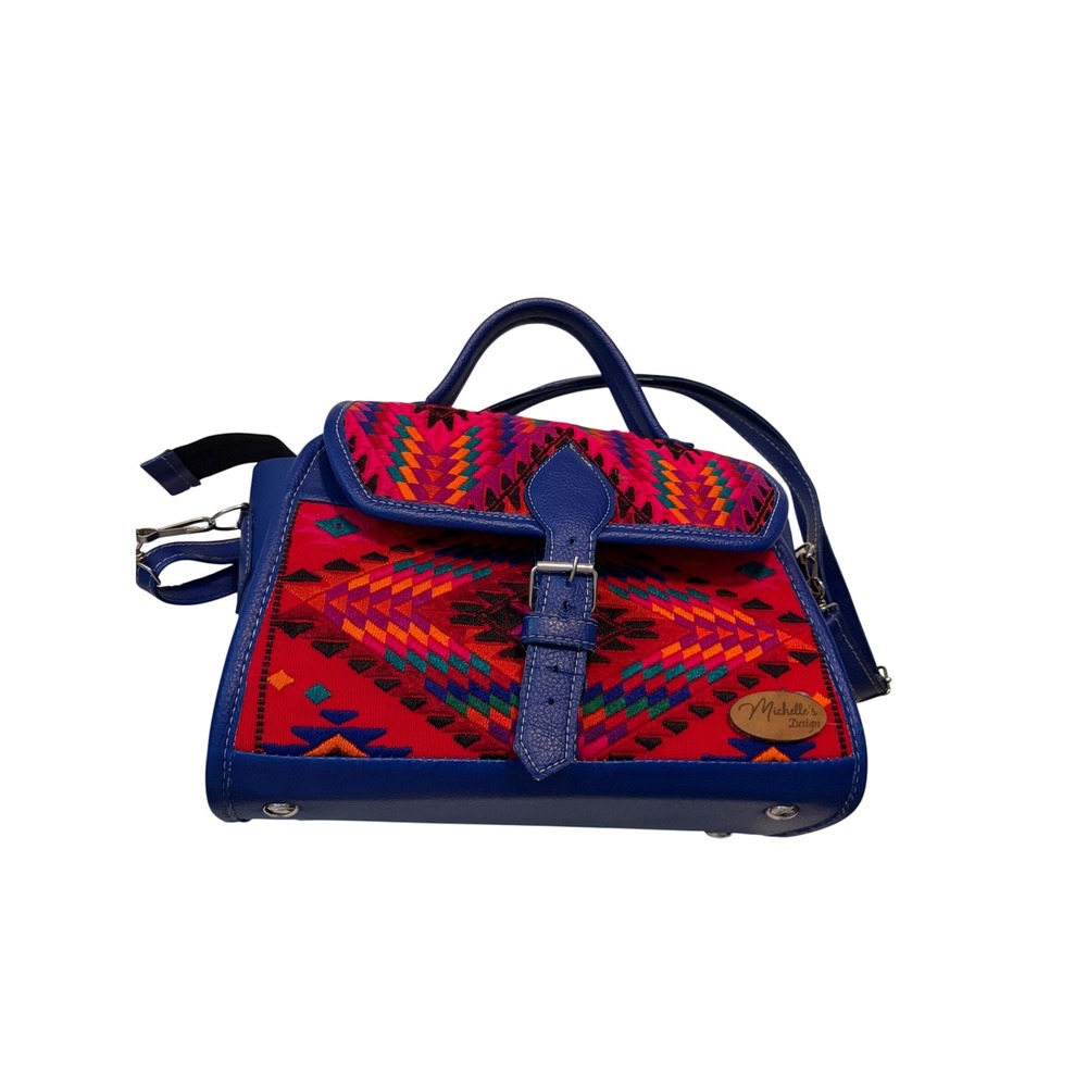 Michelle's Design‎ Satchel Boho Blue Red Woven Geometric Crossbody Bag Medium